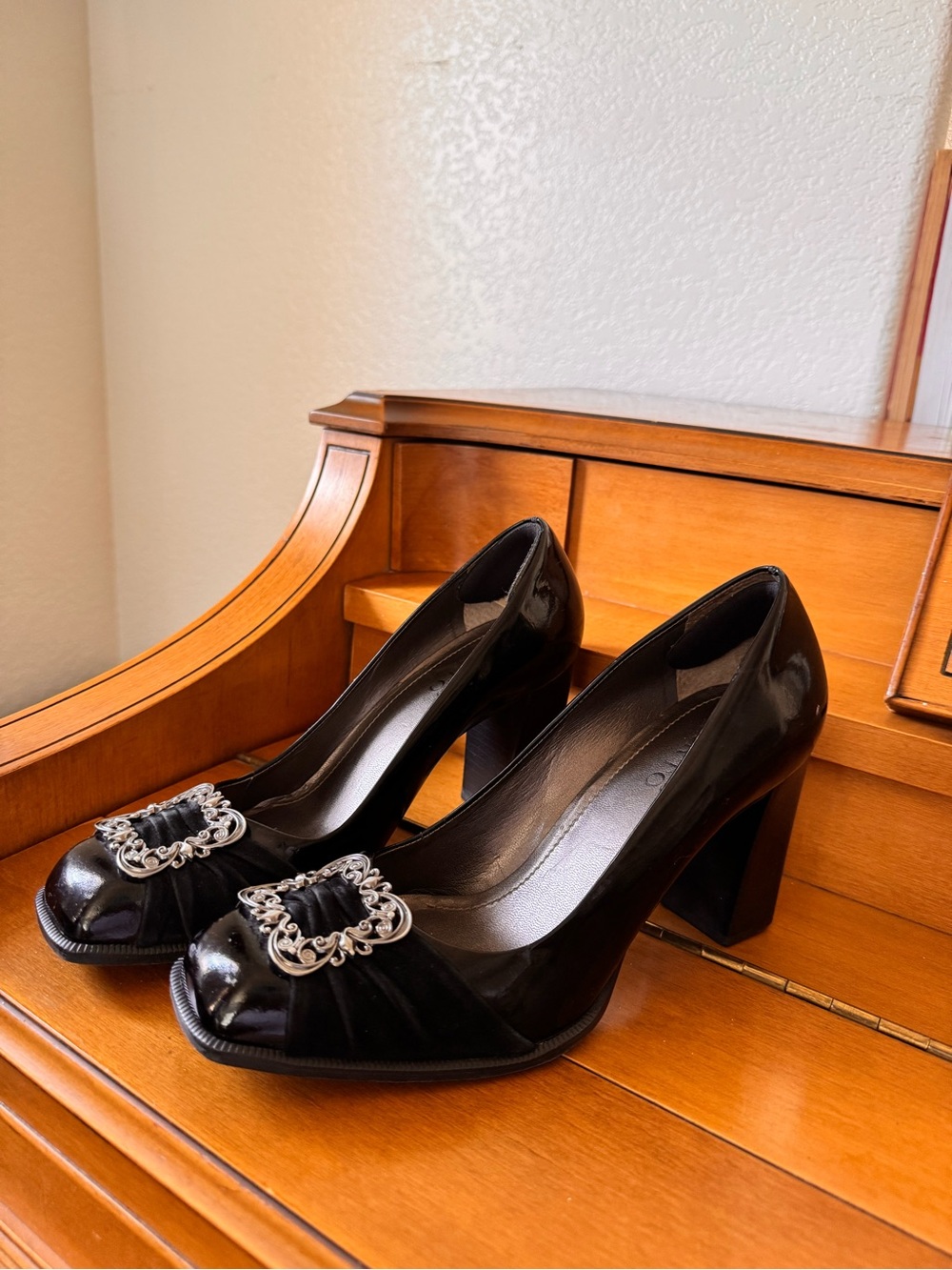 Franco Sarto Black Patent Peep-Toe Heels with Decorative Buckle